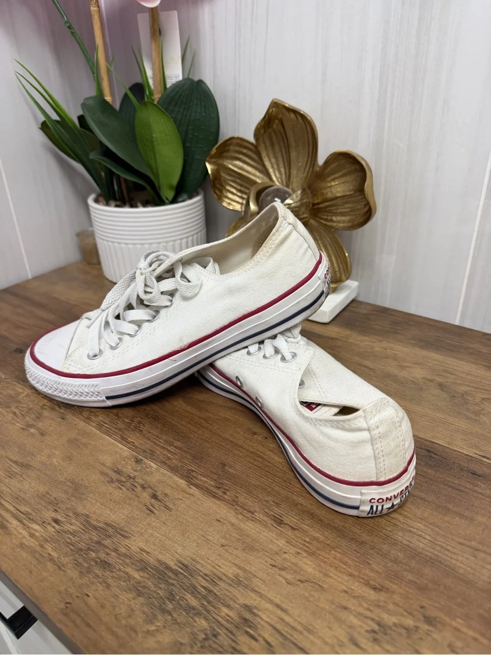 Converse Kids White Canvas Low Top Sneakers with Red Trim